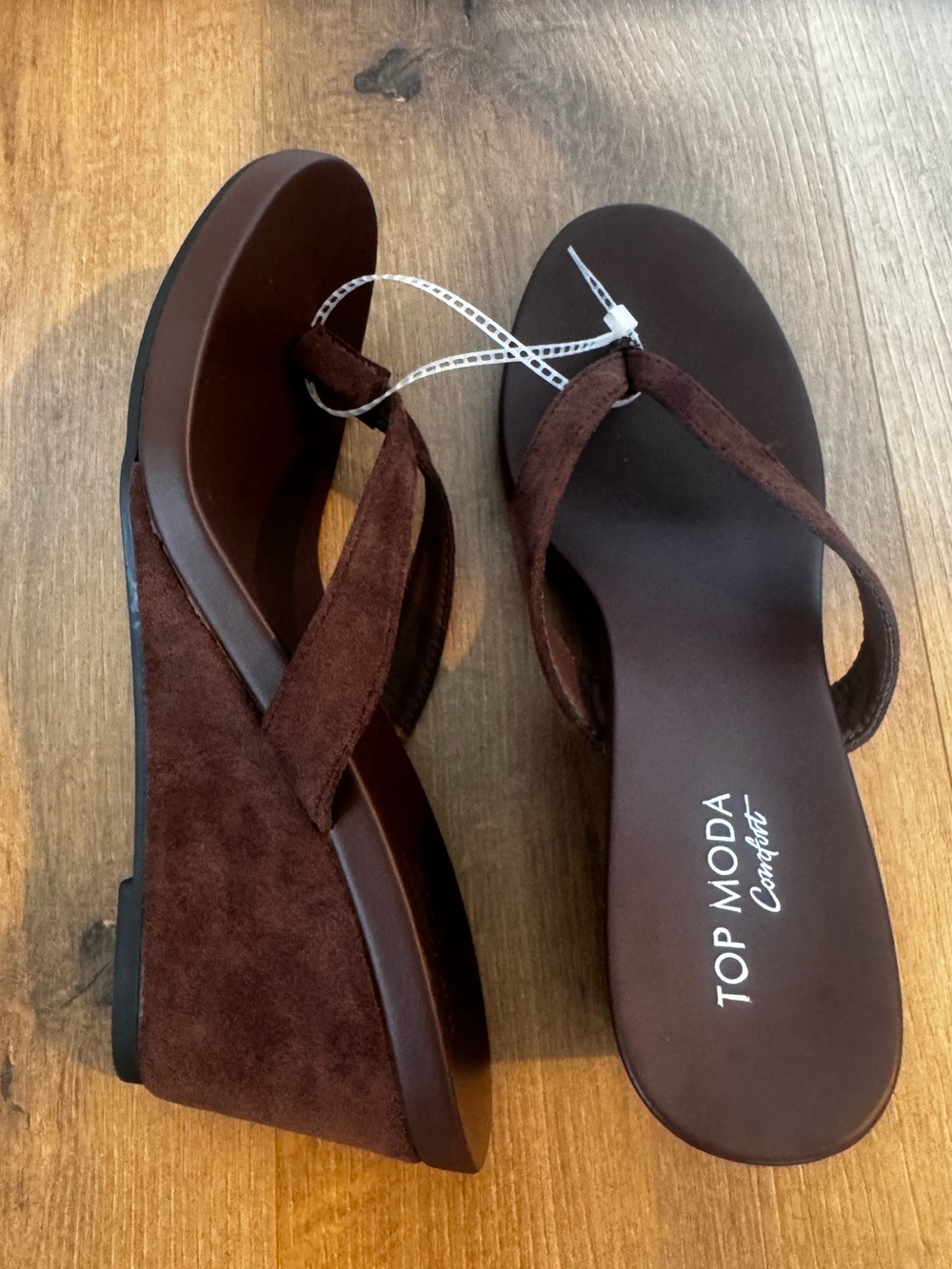 Faux suede wedge sandals brown thong mules Top Moda